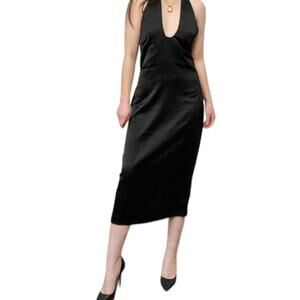 Jason Wu Black Satin Plunging Deep U Neckline Halter Midi Dress‎ Sz Large